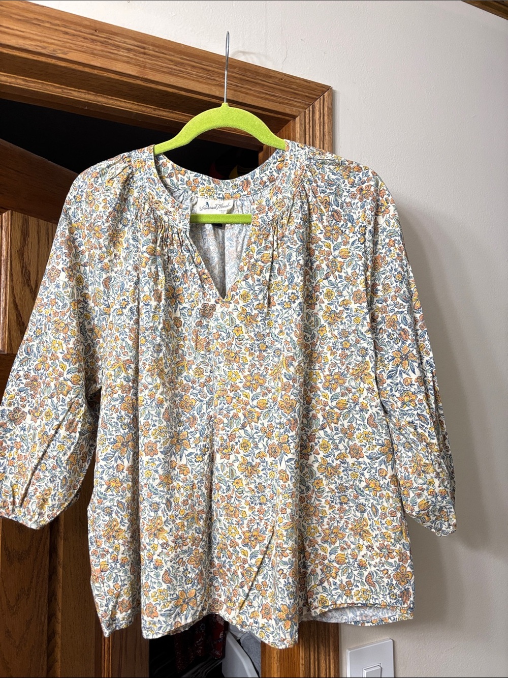 Universal Thread Floral Peasant Blouse in Mustard, Blue & Cream